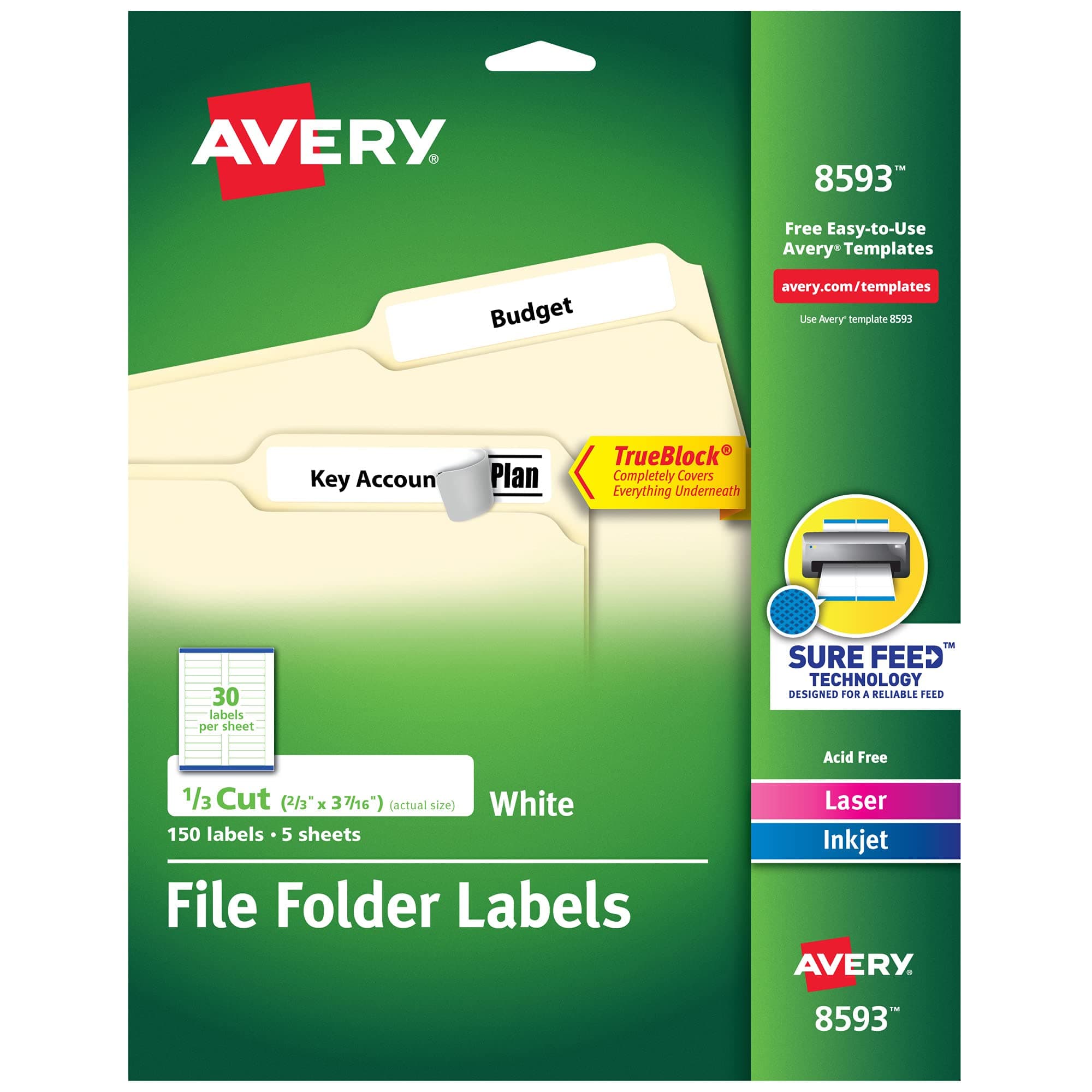 File Folder Labels with TrueBlock Technology, Permanent Adhesive, 2/3" x 3-7/16", Laser/Inkjet, 150 Labels (08593)