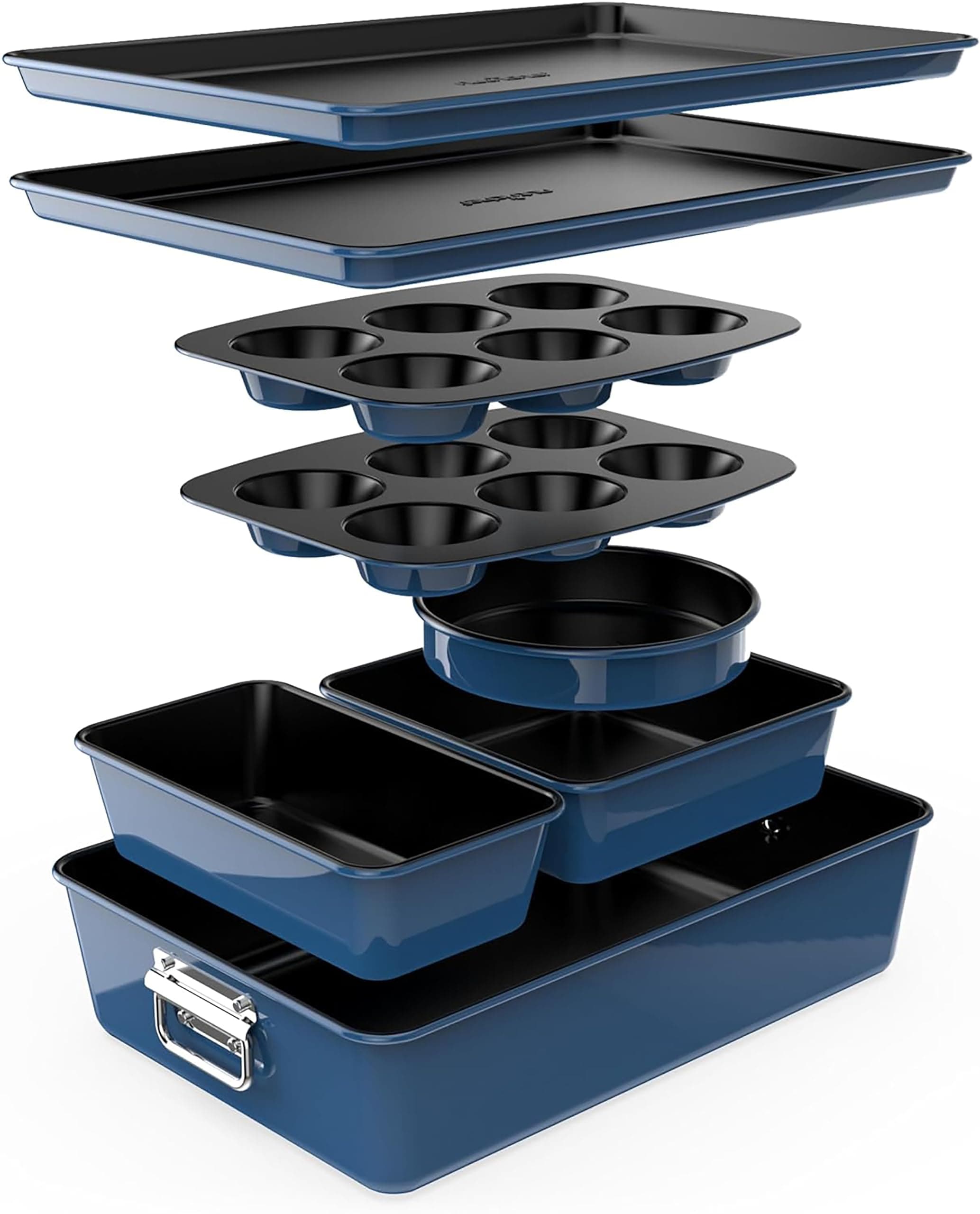 NutriChef 8-Piece Nonstick Stackable Bakeware Set - PFOA, PFOS, PTFE Free Baking Tray Set w/Non-Stick Coating, 450°F Oven Safe, Round Cake, Loaf, Muffin, Wide/Square Pans, Cookie Sheet (Blue)