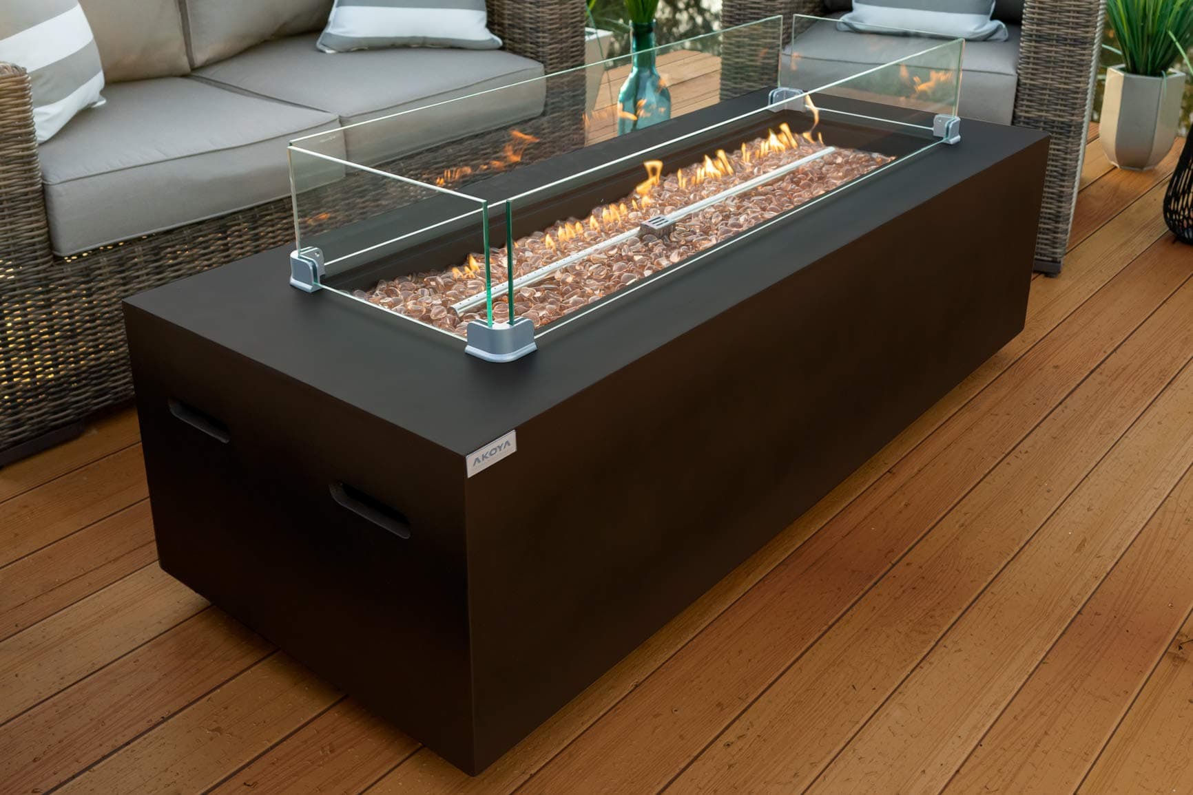 AKOYA Outdoor Essentials 60" Rectangular Modern Concrete Fire Pit Table w/Glass Guard and Crystals in Brown (60" Brown, Caribbean Blue)