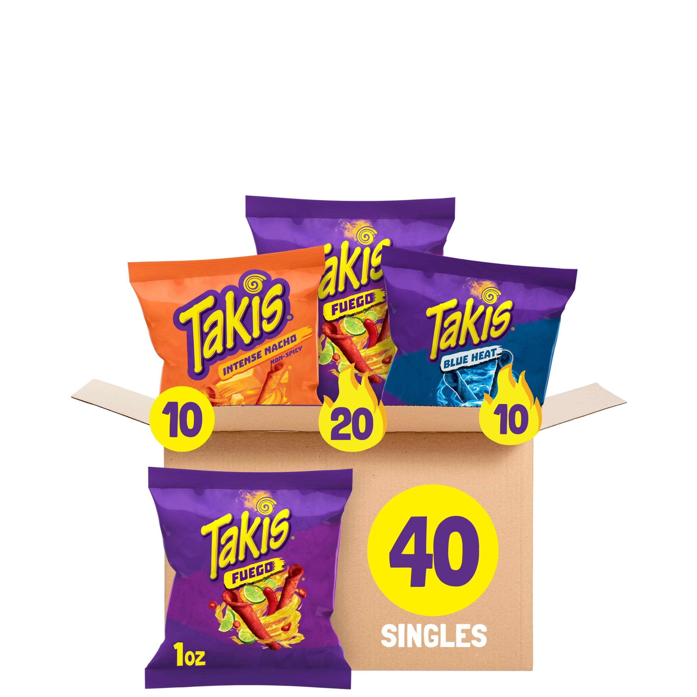 Takis Hero Variety Pack 40-Count 1 oz Individual Bags of Rolled Tortilla Chips - (20) Fuego, (10) Blue Heat, (10) Intense Nacho