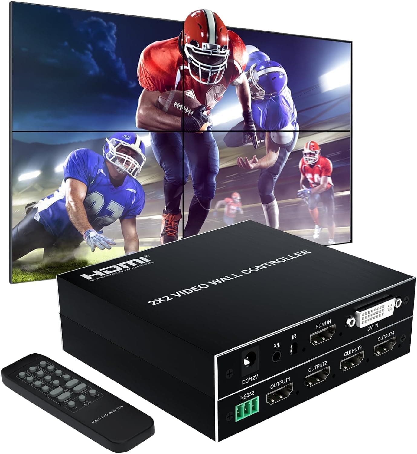 4K 2x2 Video Wall Controller Splitter (2021Version) 4X1 Quad viewer 1 HDMI/DVI Input 4 HDMI OutputTV Processor Images Stitching Video Wall Processor with RS232 Control
