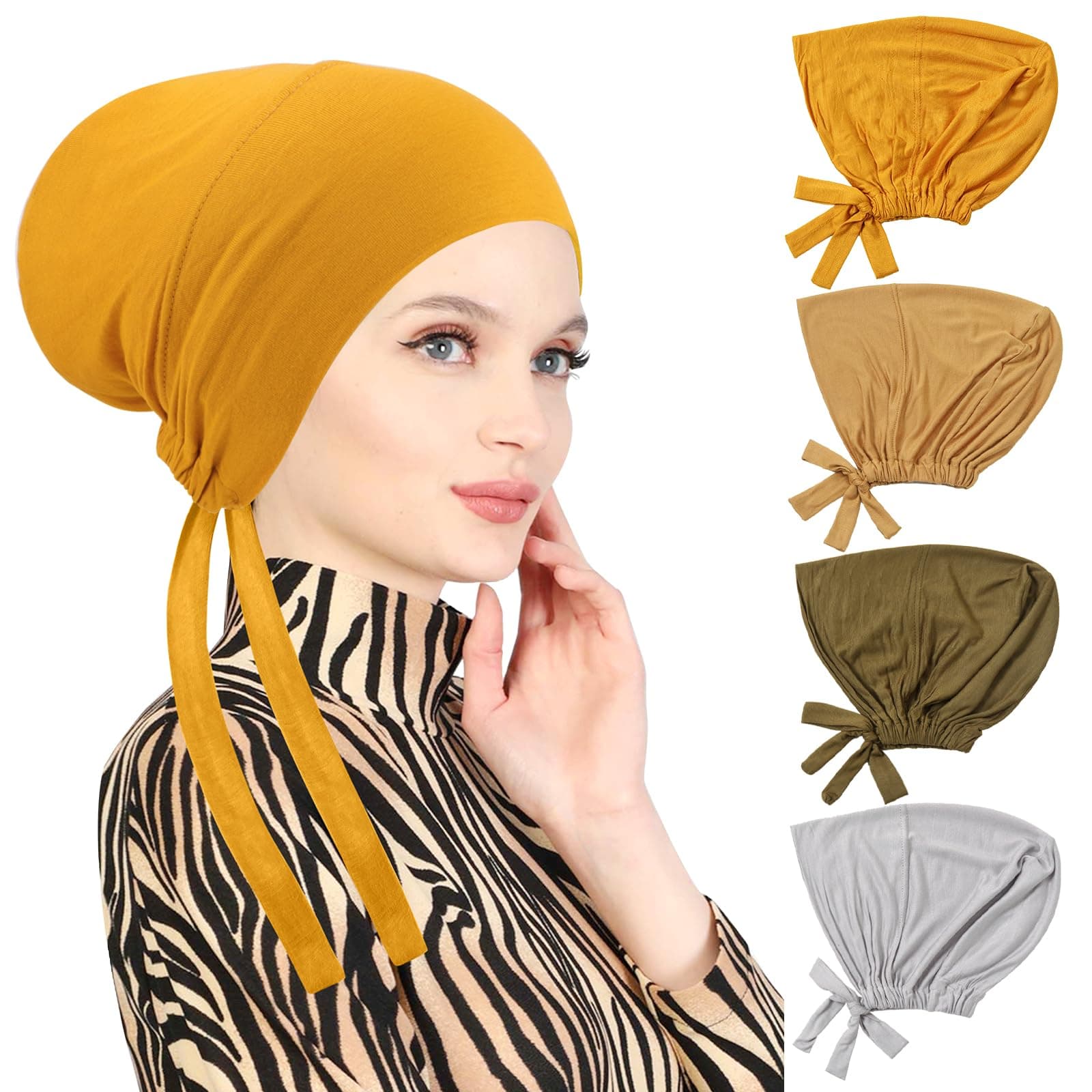 4 Pcs Women Hijab Undercap, Islamic Muslim Under Hijab Cap Inner Under Scarf Hat Turban with Tie Back Closure