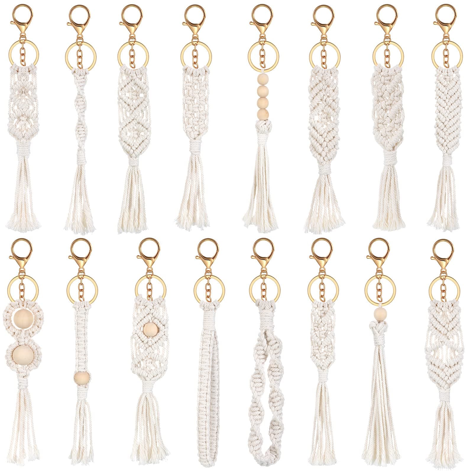 JunkinJunkin 16 Pack Mini Macrame Keychains Cute Boho Macrame Bag Charms Handcrafted Aesthetic Boho Car Accessories Boho Keychain for Women Tassel Keychain for Car