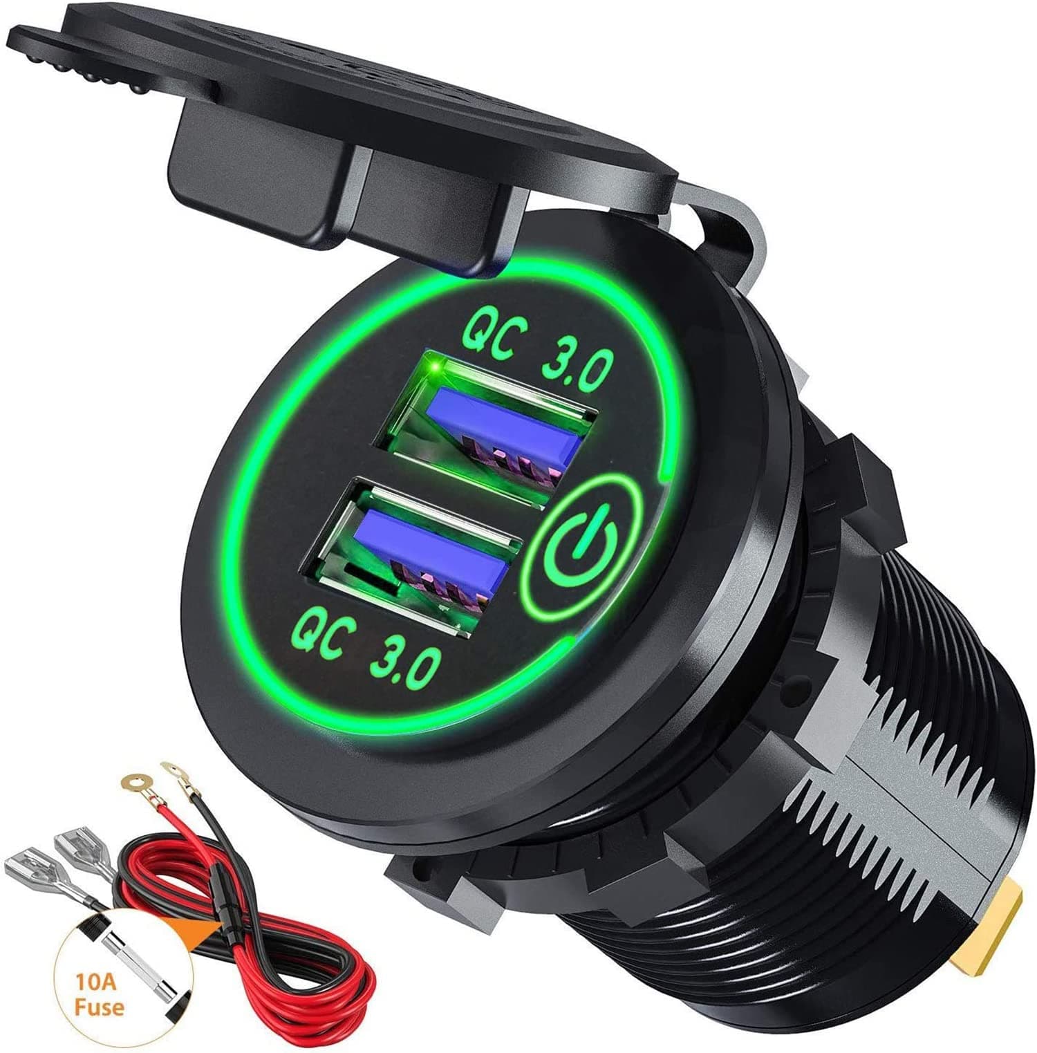 Car Charger Socket, Quick Charge 4.0 PD Type C and Quick Charge 3.0 USB Charger Socket, 12V/24V USB Outlet Car Power Outlet Waterproof with Dual Ports for Marine Boat Motorcycle Golf (green)