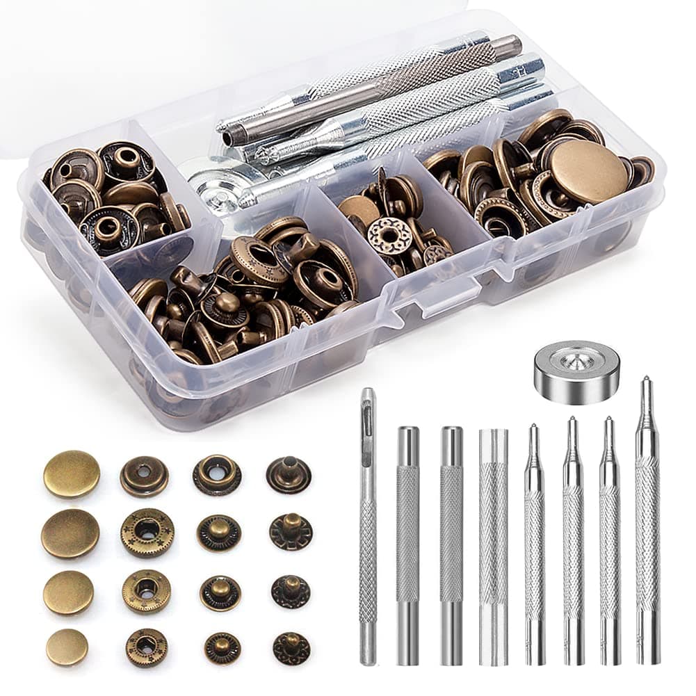 Snap Fasteners Leather Snaps Button Kit Press Studs with 9 Pieces Fixing Tools, Bronze