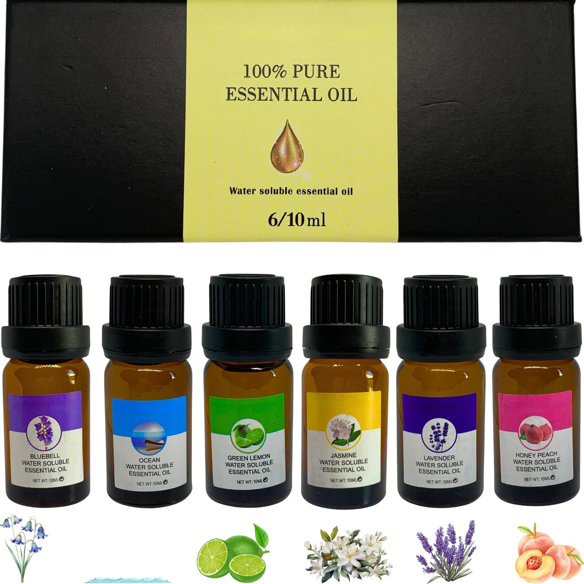 Essential Oils Set, Diffusers for Home Top 6 Aromatherapy Gift (Lavender, Green Lemon, Honey Peach, Jasmine, BlueBell, Ocean) 6x10ml