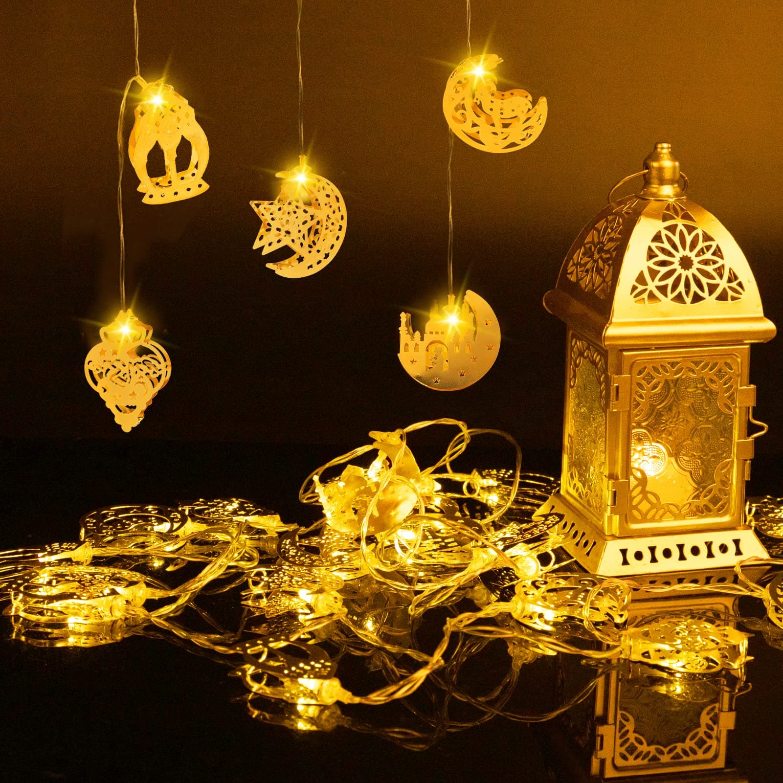 ANPHSIN Ramadan Eid String Light- 9.8ft 20LEDs Eid Moon Star Kerosene Lantern Lamp Battery Operated Mubarak Islam Decorative Indoor Lights String for Muslim Islamic Home Garden Patio Decor Supplies