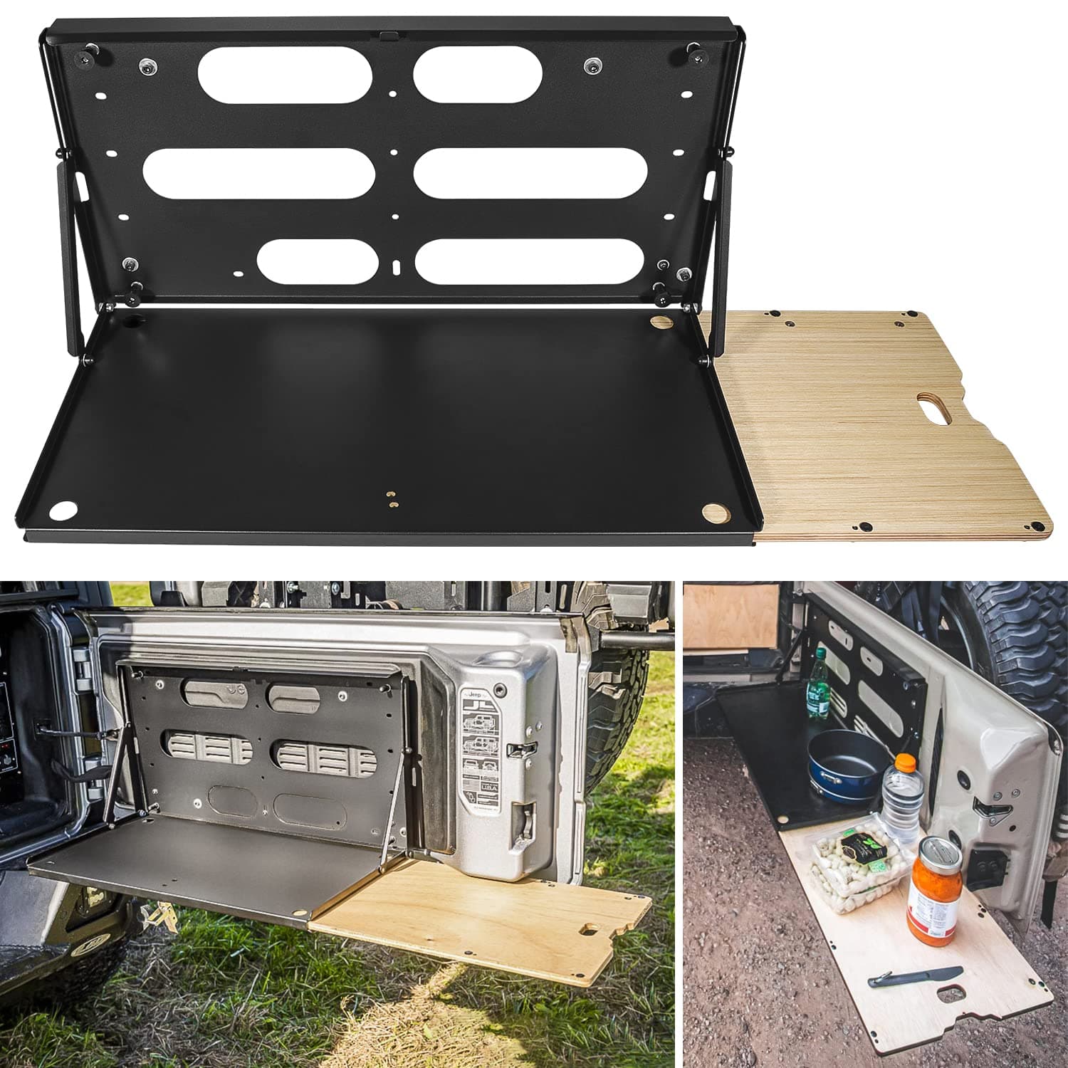 E-cowlboy Drop Down Tailgate Table for 2007-2022 Jeep Wrangler JK JKU JL JLU Unlimited Sports Freedom Sahara Rubicon Rear Door Foldable Table Cargo Shelf Storage Cargo Luggage Holder Carrier