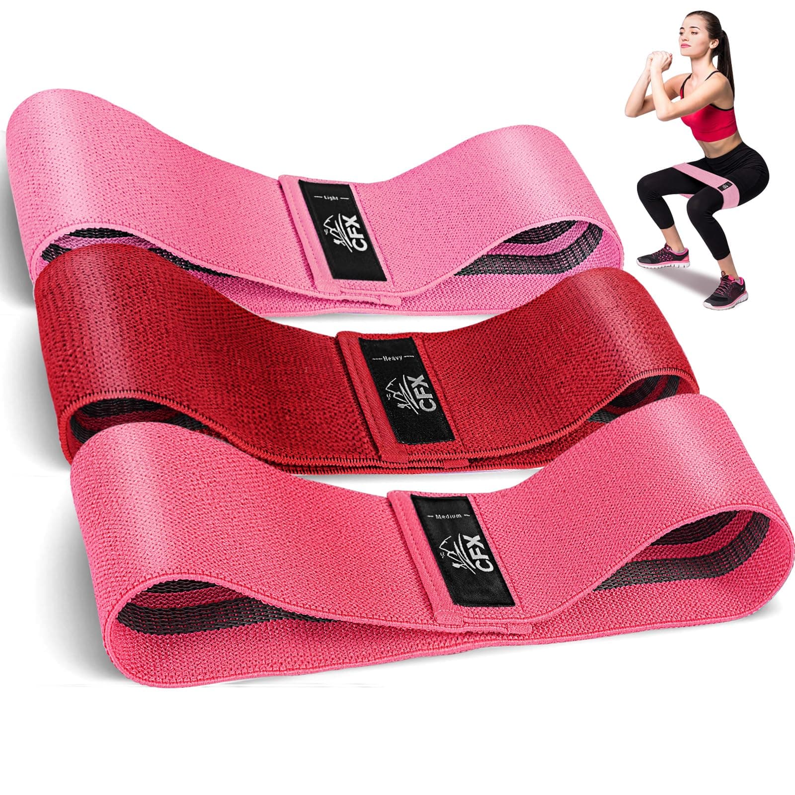 CFX Resistance Bands Set, Exercise Bands with Non-Slip Design for HIPS & Glutes, 3 Levels Workout Bands for Women and Men, Booty Bands for Home Fitness, Yoga, Pilates