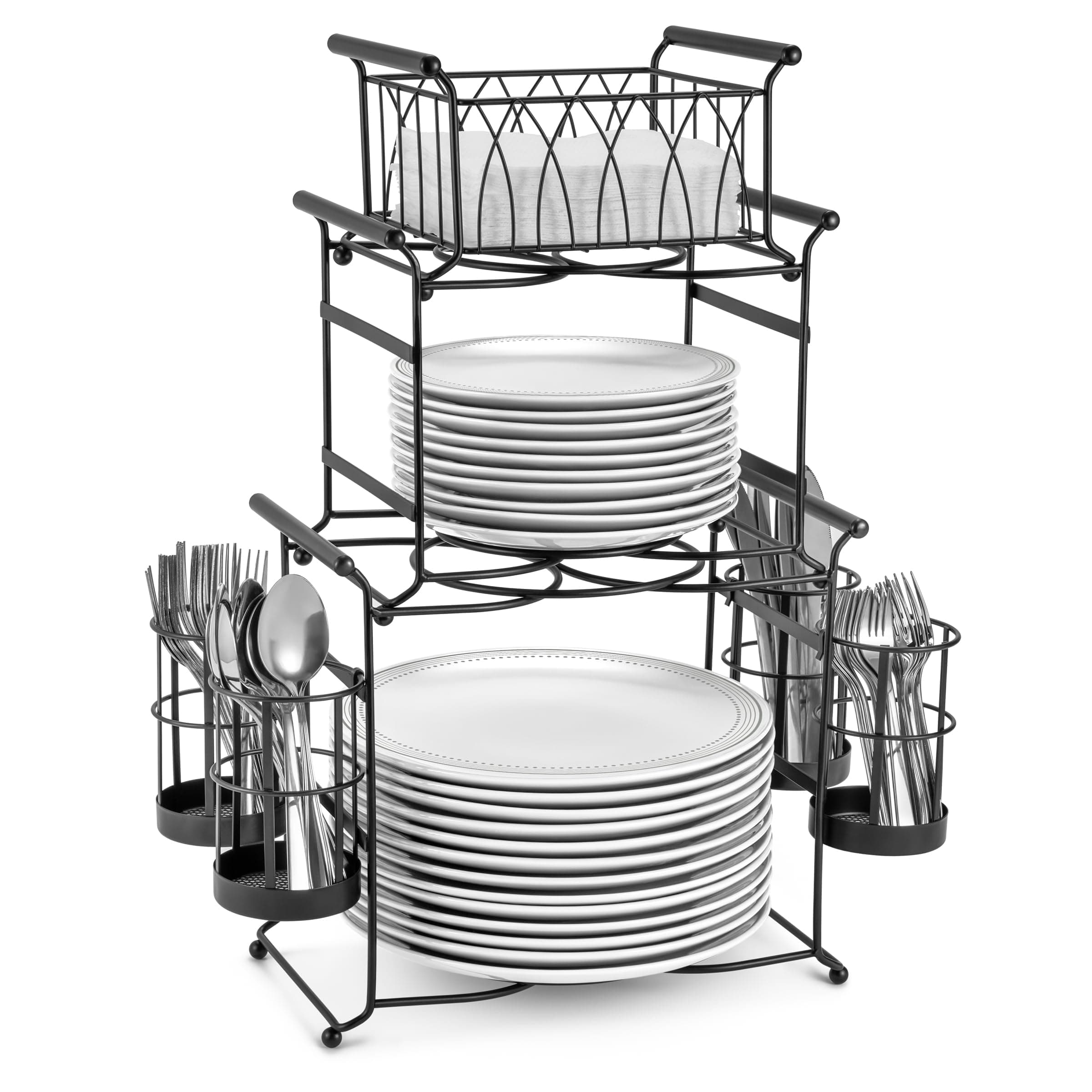 Buffet Caddy — 7-Piece Stackable Set Includes Plate, Napkin, and Silverware Holder, 3-Tier Detachable Tabletop Organizer — Ideal for Kitchen, Dining, Entertaining, Parties,Thanksgiving (Black)