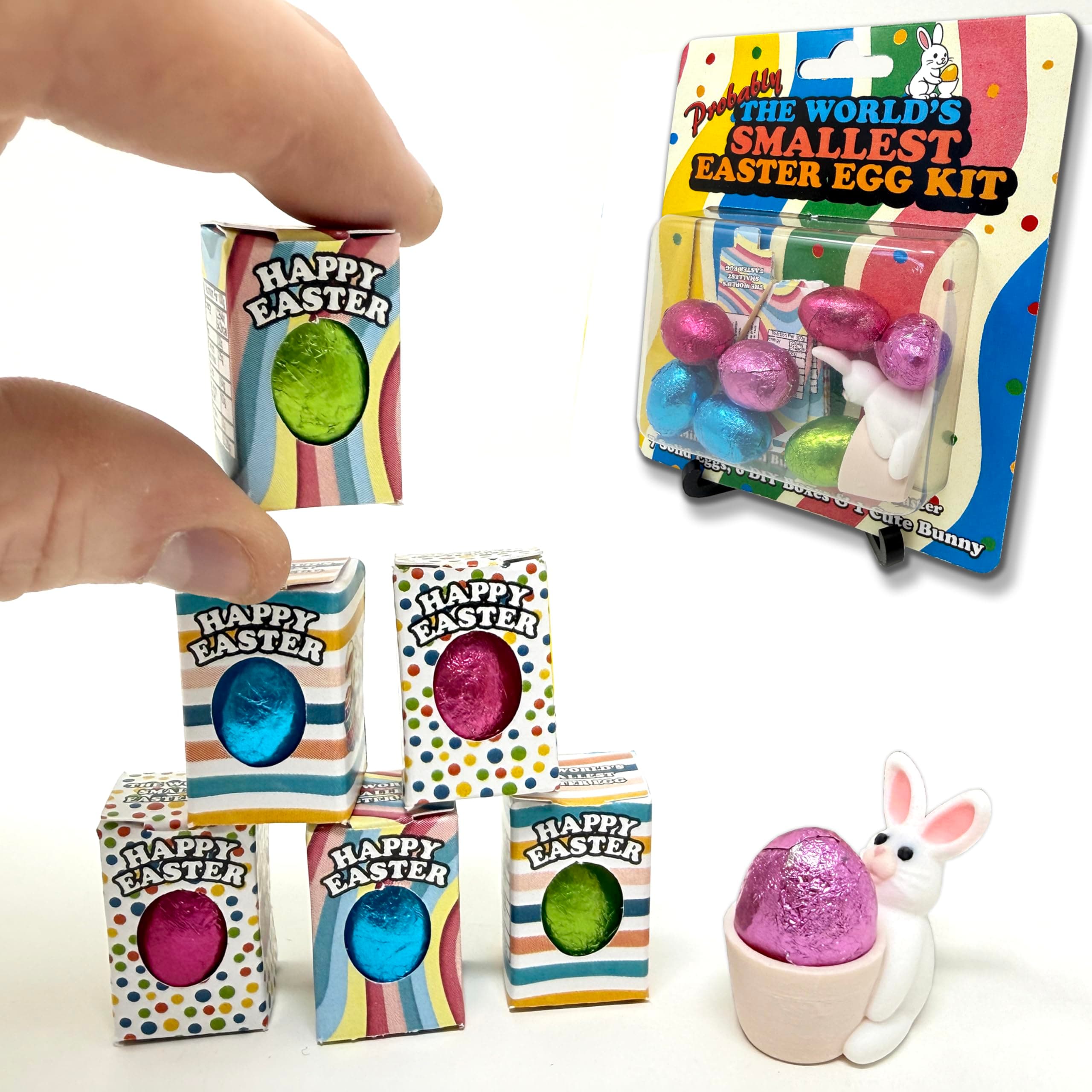 World's Smallest Easter Egg - Pack of 7 Tiny Miniature Solid Chocolate Easter Eggs with flat packed boxes to assemble at home and Easter Bunny - Fun Novelty Gift For Children, Friends, Relatives (7)