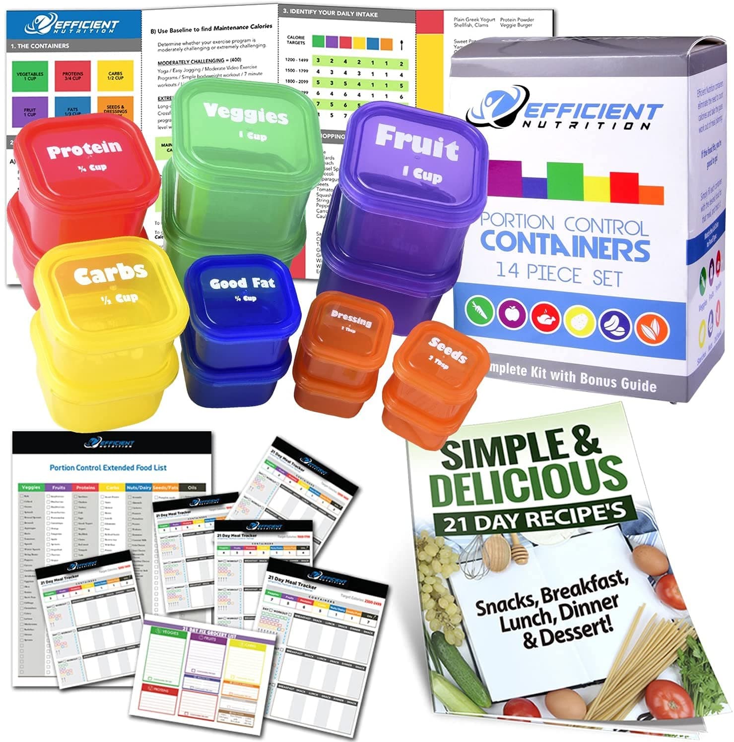 Portion Control Containers DELUXE Kit (14-Piece) with COMPLETE GUIDE + 21 DAY PLANNER + RECIPE eBOOK BPA FREE Color Coded Meal Prep System for Diet and Weight Loss