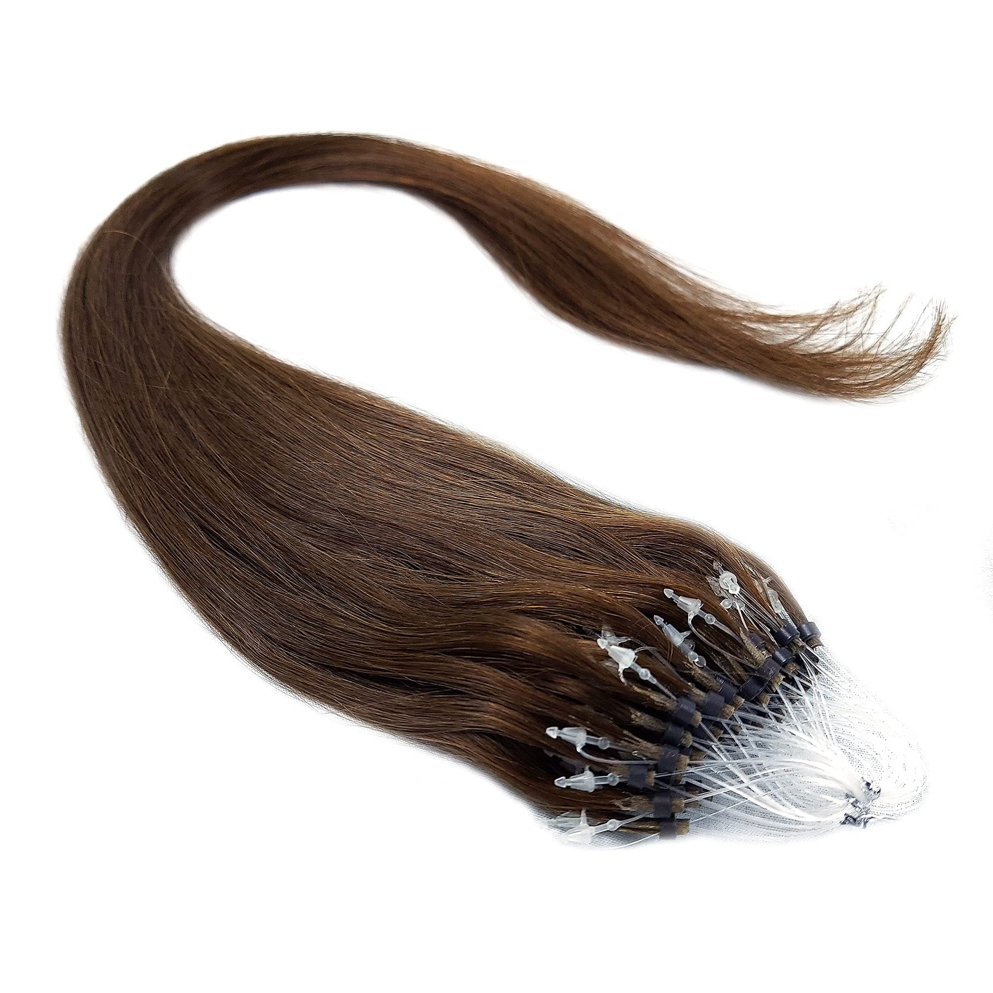 25 Strands 22" Long Easy Micro Loop Links Ring Beads I Tip 100% Human Hair Extensions #4 Medium Brown