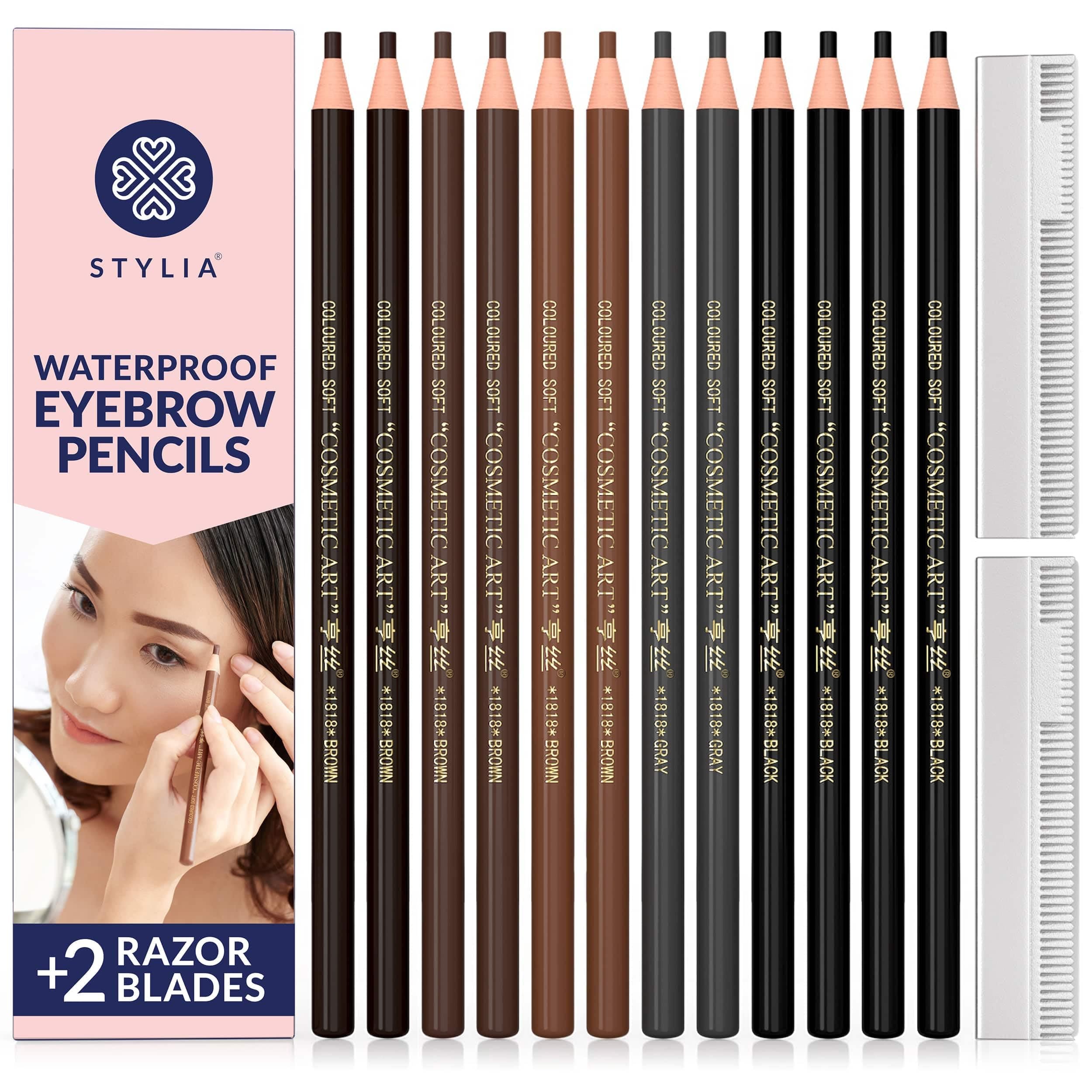 Stylia Waterproof Eyebrow Pencils For Women – Long-Lasting Microblading Supplies Brow Pencil, Perfect for Eyebrow Shaper, Filling & Defining Natural-Looking Brow - (12PC in 5 Colors)