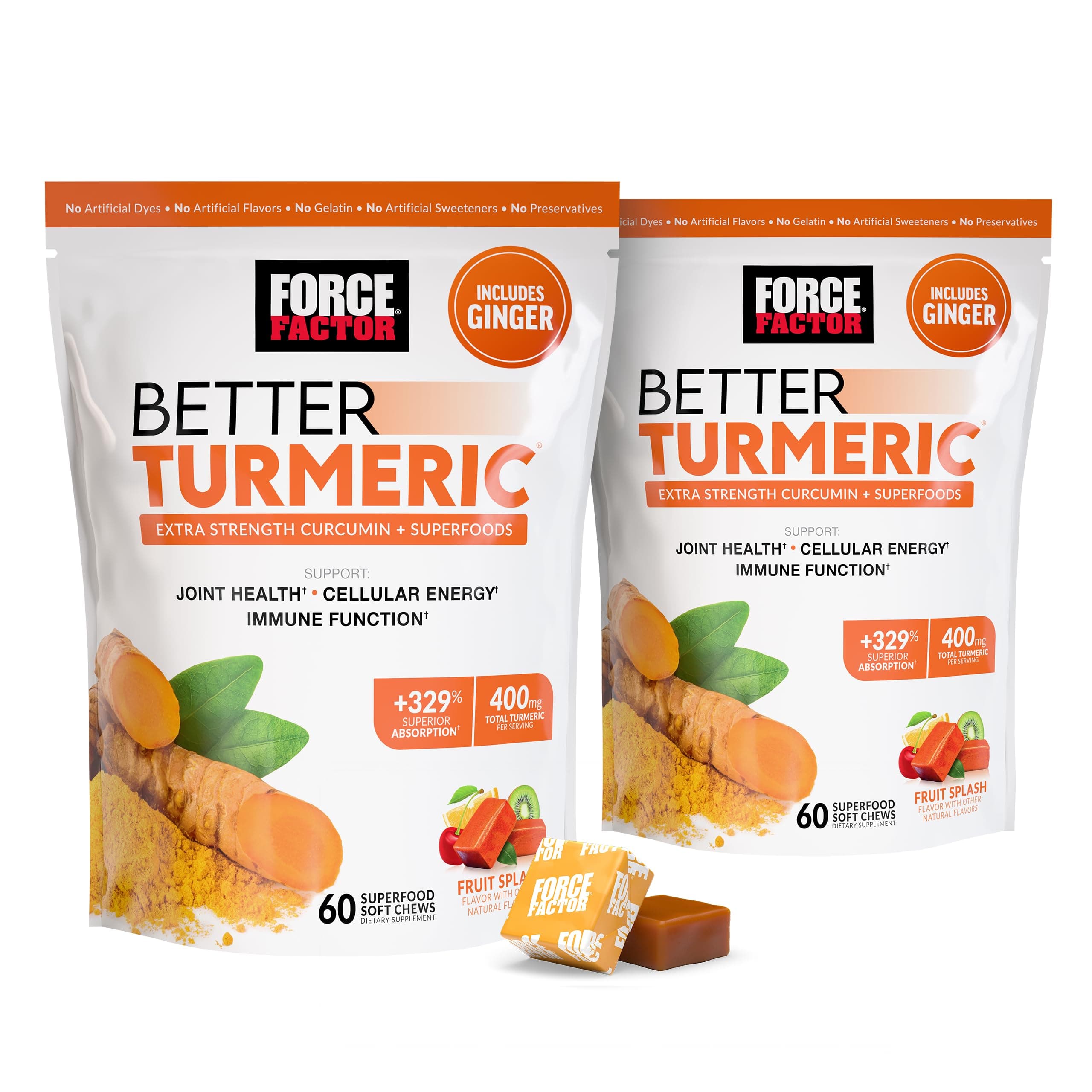 Force Factor Better Turmeric Joint Support Supplement for Extra Strength Joint Health, Featuring HydroCurc Turmeric Curcumin with Black Pepper for Superior Absorption, Fruit Splash, 120 Soft Chews