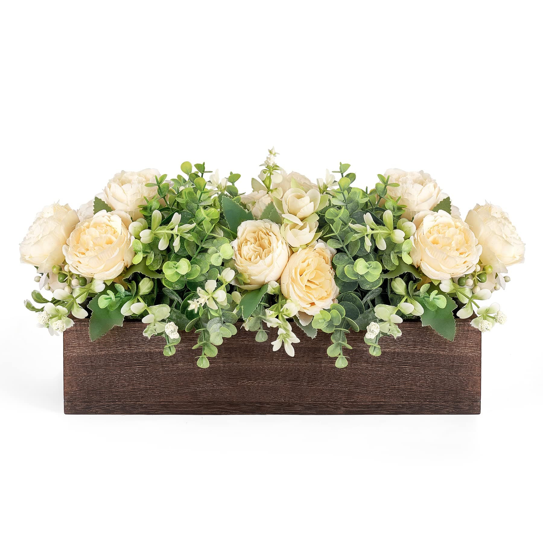 Dahey Centerpiece Table Decorations for Dining Room Farmhouse Table Centerpieces Decor Wood Tray with 3 Artificial Flowers and 2 Eucalyptus for Living Room Kitchen Table, 14.1" x 4.7" x 3.1"