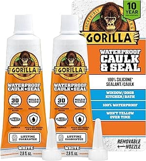 Gorilla 100% Silicone Caulk, Waterproof Sealant, 2.8oz Squeeze Tube (Pack of 2) – White -10 Year Mold Resistant Kitchen, Window, Bath, Marine, Door and More