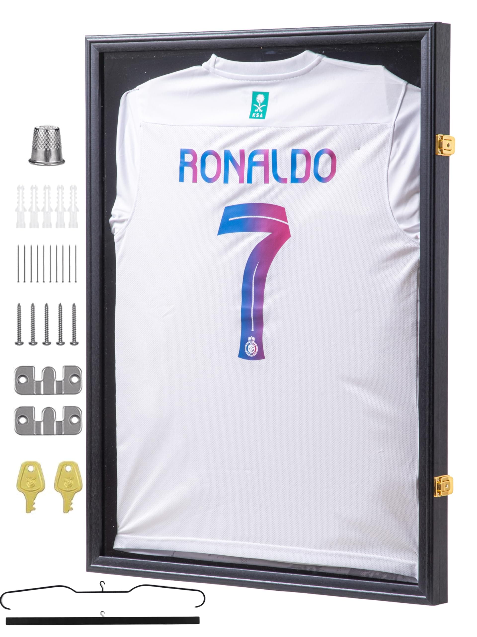 Jersey Frame Display Case Large Lockable Jersey Shadow Box 98% UV Protection Acrylic , with Hangers Pin Board Jersey Display Case for Football Baseball Basketball and Sports Jerseys Black