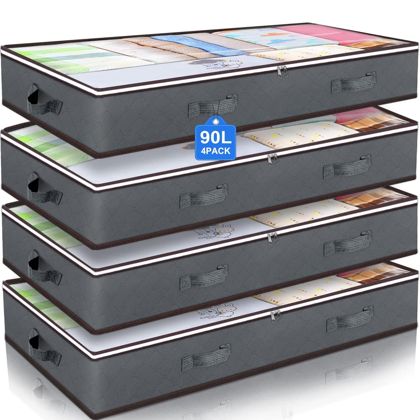 Budding Joy 4 Pack Underbed Storage, 90L Large Under Bed Storage Box with Lid, Clothes Storage Bags with Clear Window and Reinforced Handles for Blanket, Clothes, Comforters, Grey