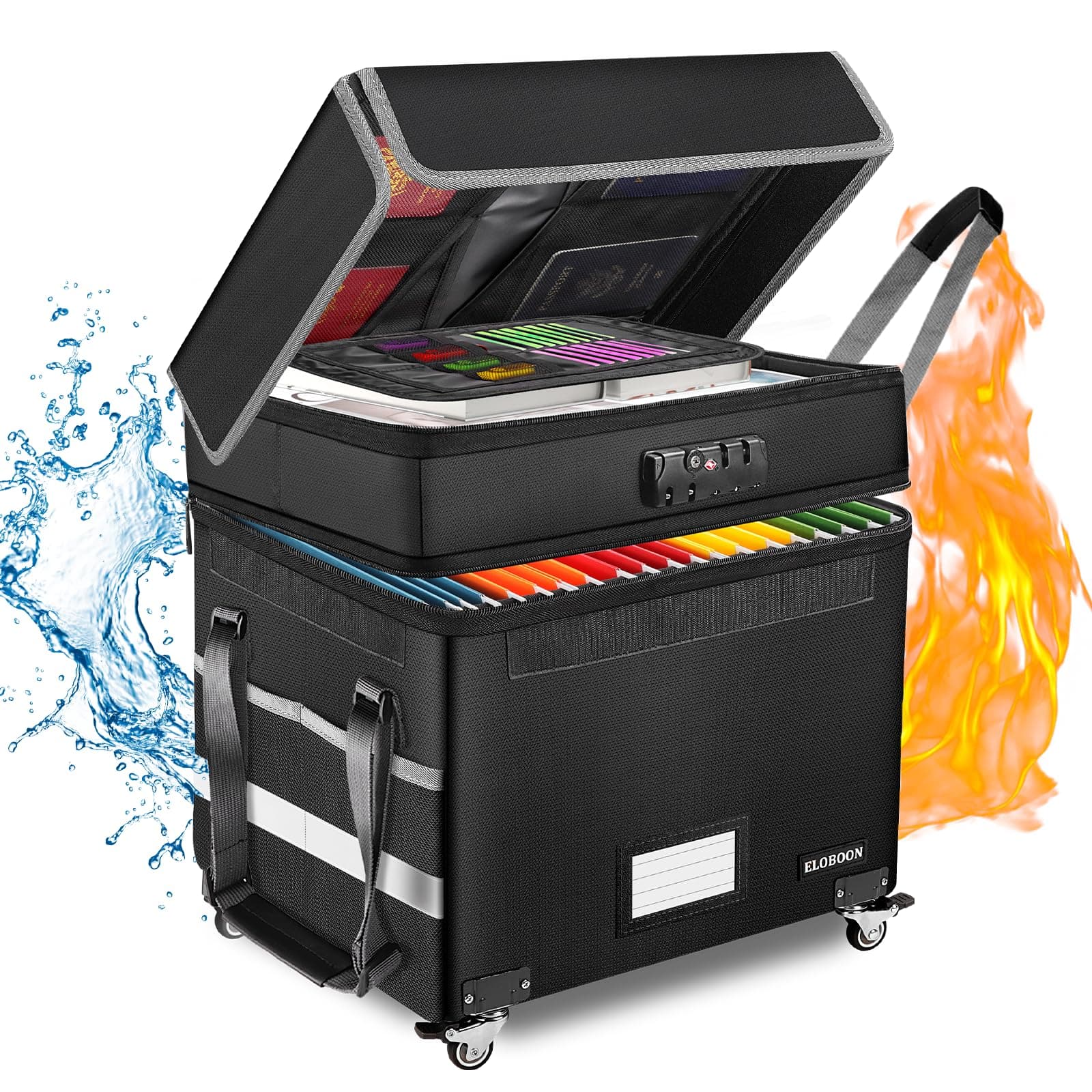 ELOBOON File Box with Lock, Fireproof Document Box with Wheels, Collapsible File Organizer Box, File Storage Box for Home & Office, Rolling File Cabinet for Hanging Letter/Legal Folders, Black