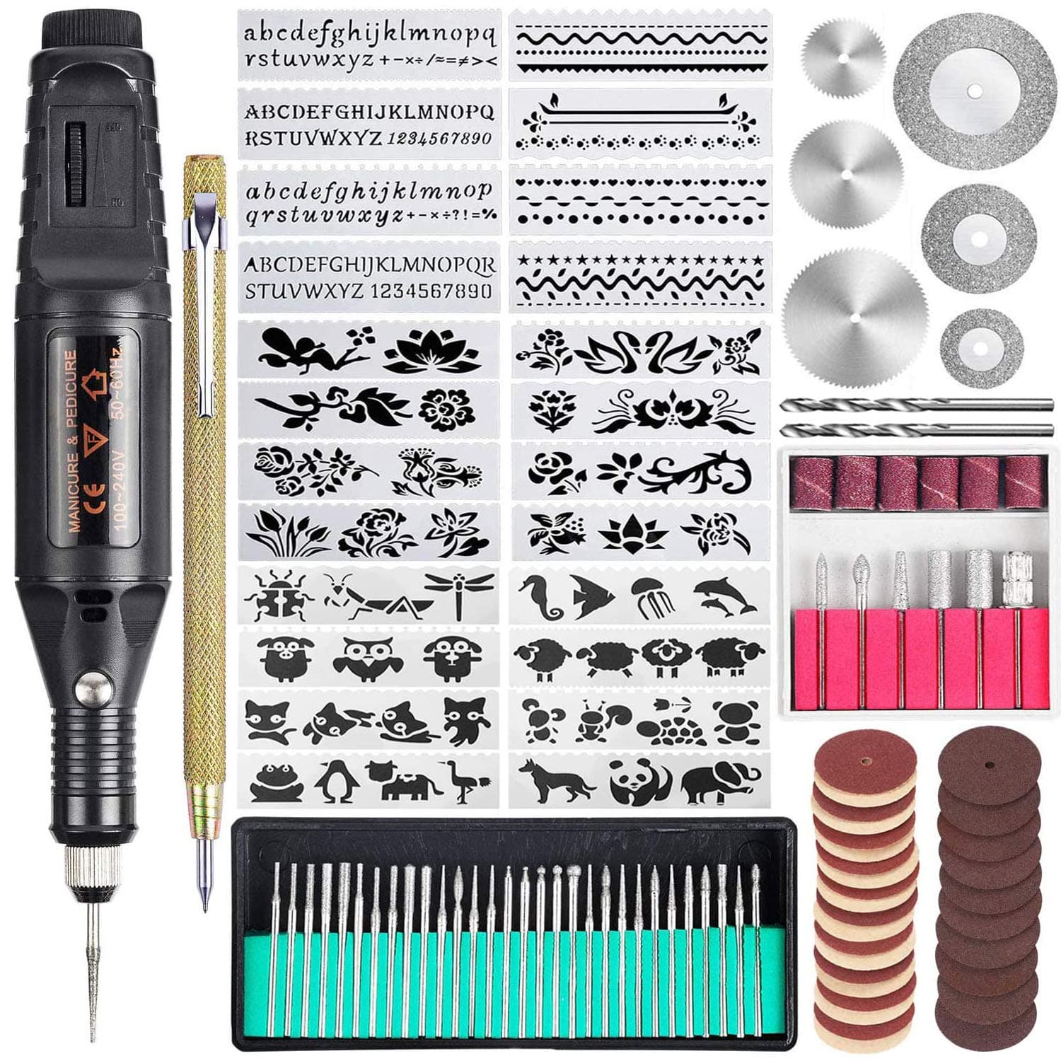 108 Pcs Engraving Tool Kit, Multi-Functional Electric Corded Micro Engraver Etching Pen DIY Rotary Tool for Jewelry Glass Wood Metal Plastic with Scriber, 82 Accessories and 24 Stencils - Black