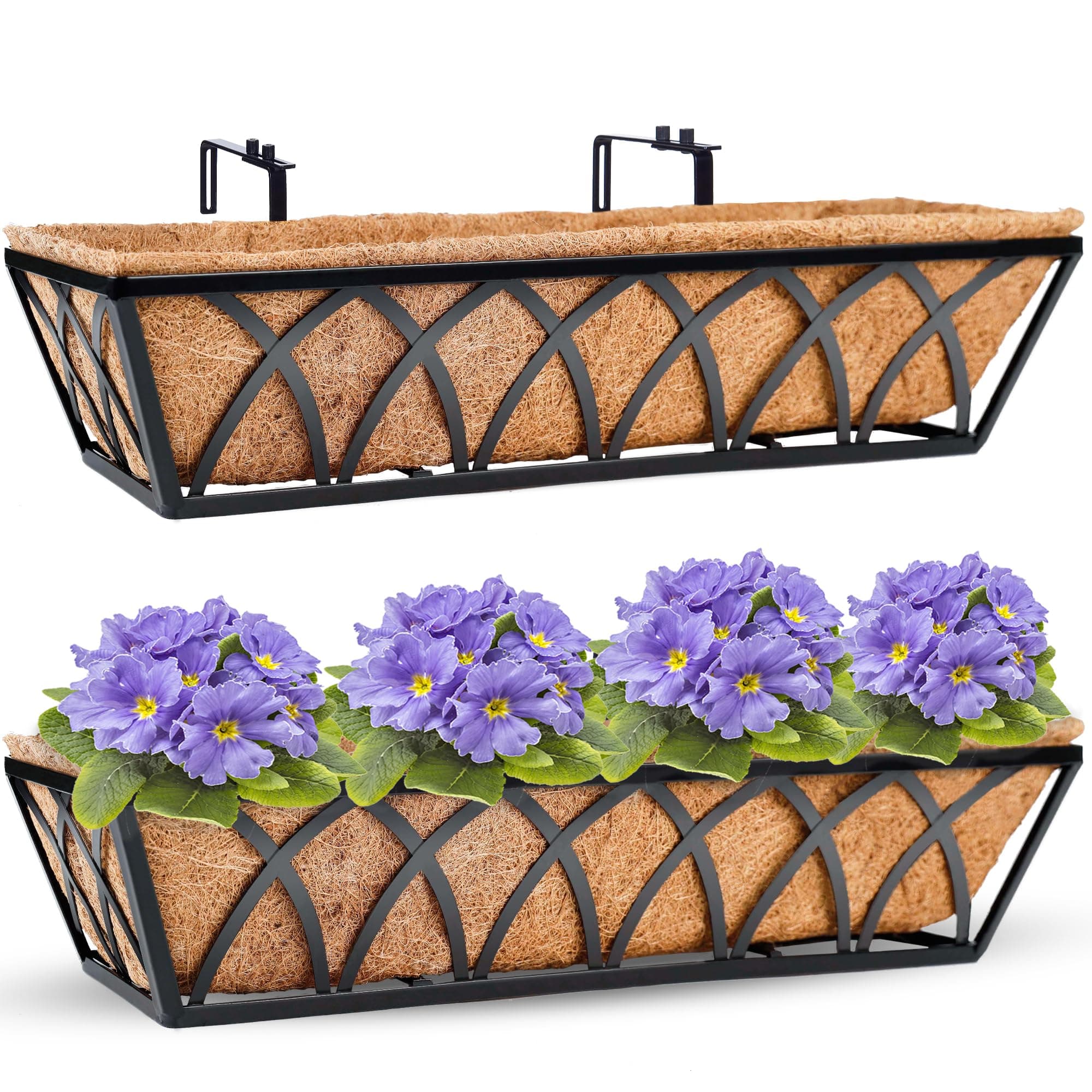 24 inch Window Deck Rail Planter Including Coco Liner, HFHOME 24" Dia Window Box Horse Trough with Coconut Coir Liners, Black Metal Hanging Flower Planter Basket for Indoor Outdoor Lawn - Set of 2