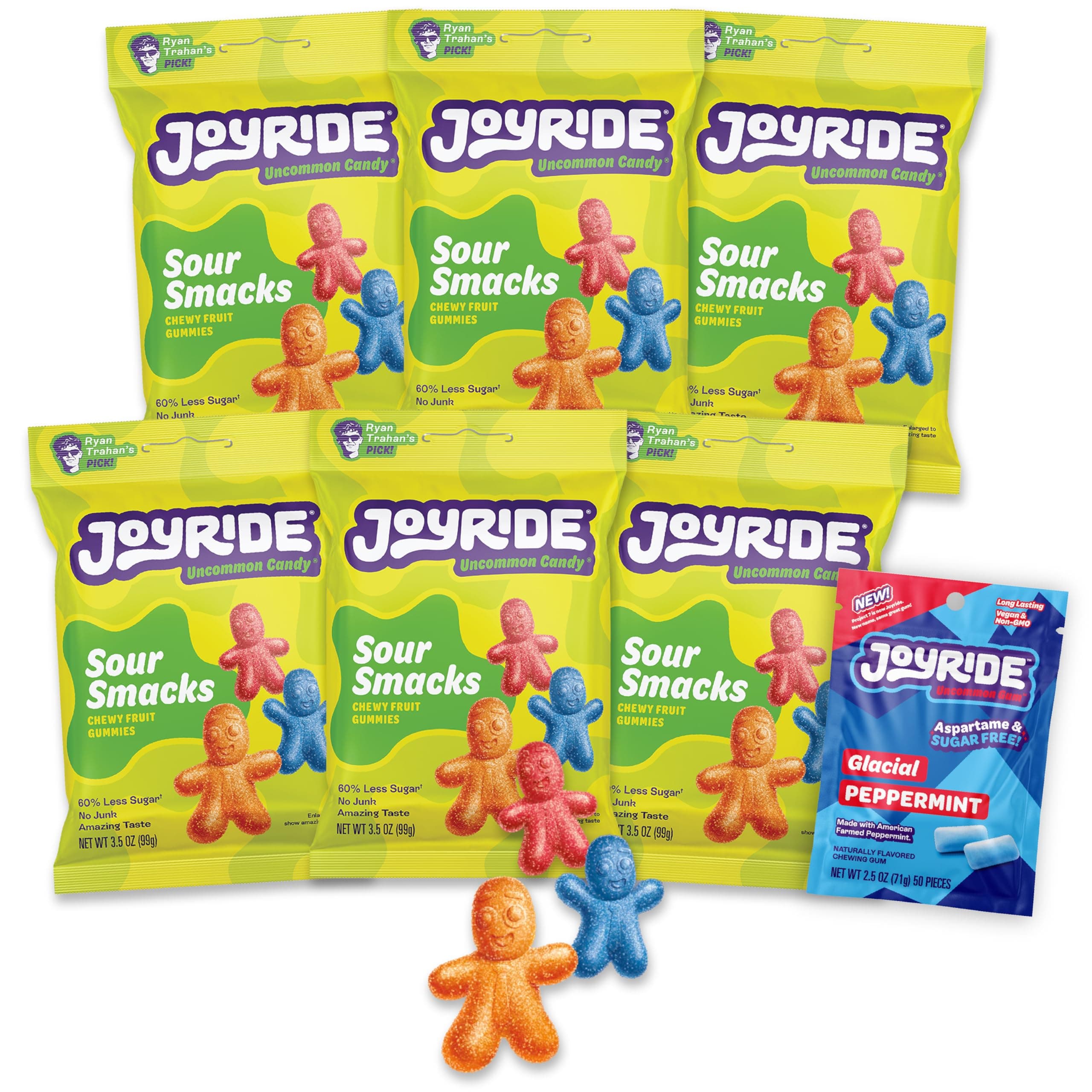 JOYRIDE Sour Smacks - 3.5 oz 6-Pack Bundle with 2.5oz Glacial Peppermint Gum, Low Sugar, Low Calorie Snacks, Dye Free and Plant Based Candy (7 Items)