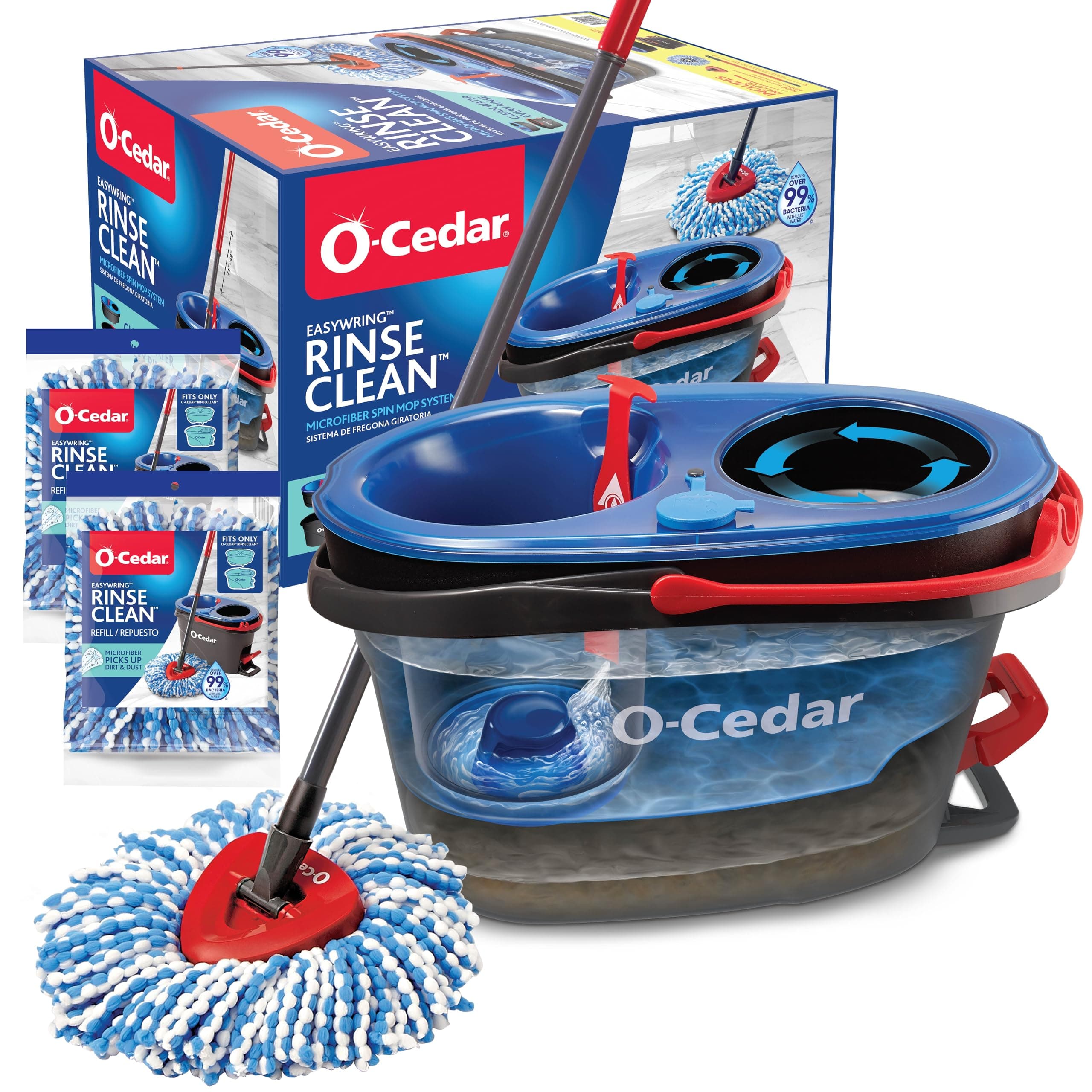 O-Cedar RinseClean Spin Mop & Bucket System + 2 Extra Mop Heads| Clean with Water | Removes 99% of Bacteria
