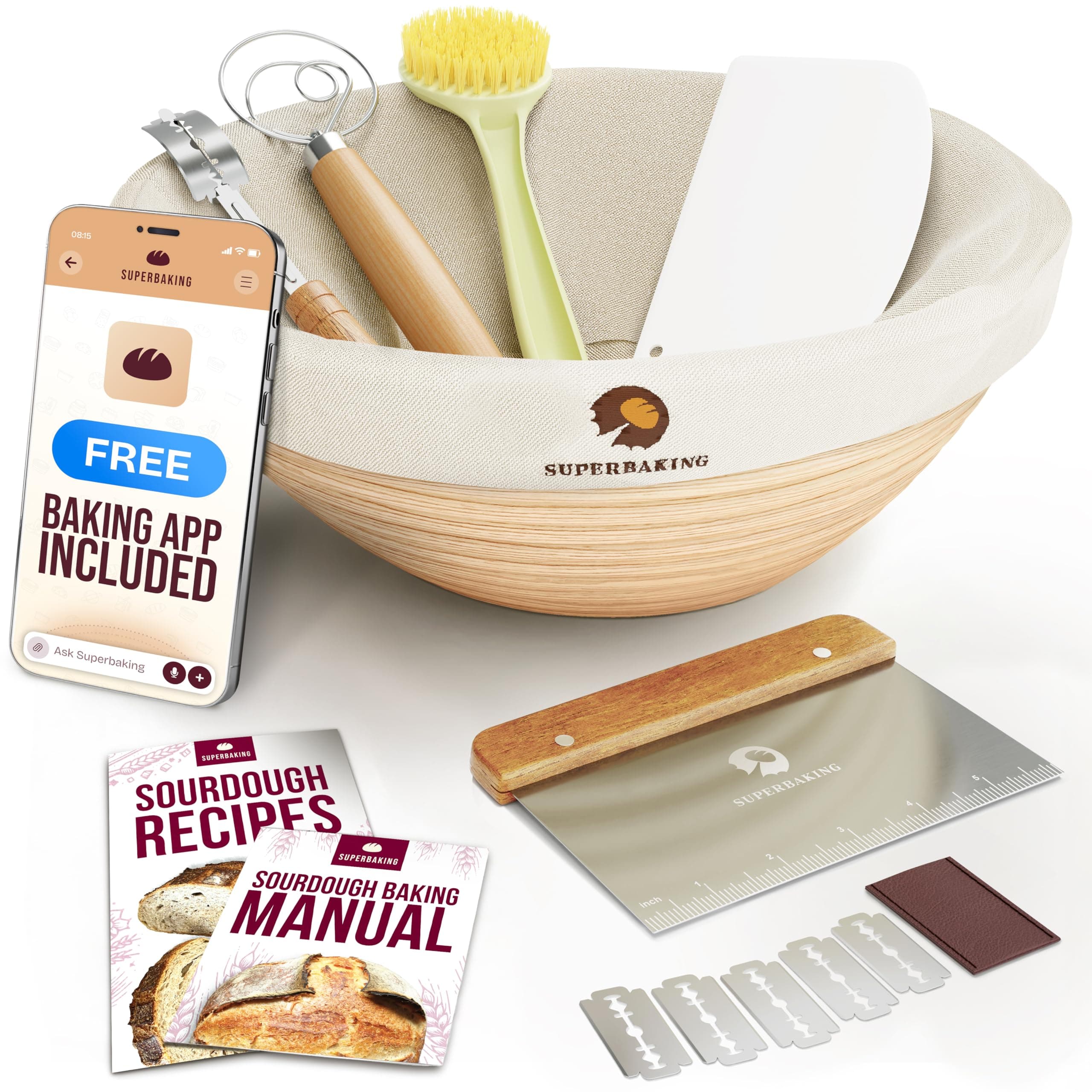 Superbaking Banneton Bread Proofing Basket, Sourdough Bread Baking Supplies, Round 9 Inch Sourdough Starter Kit, Proofing Basket for Baking, Bread Making Supplies Tools, Banneton Basket Gift Set