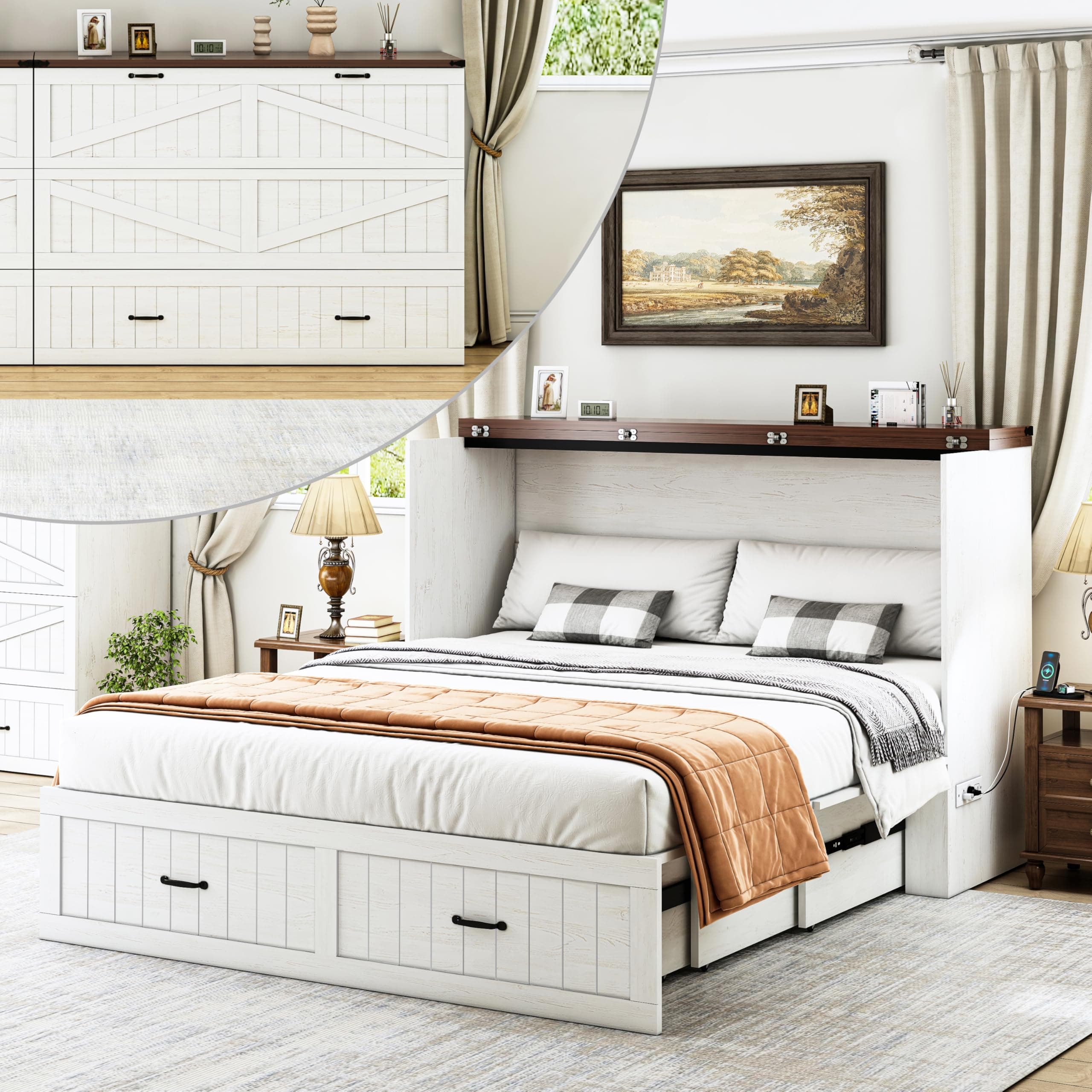 Full Size Multi-Functional Murphy Cabinet Bed with Charging Station, Farmhouse Full Size Bed Frame with Drawer, Hidden Folding Murphy Bed Chest for Bedroom, Rustic White